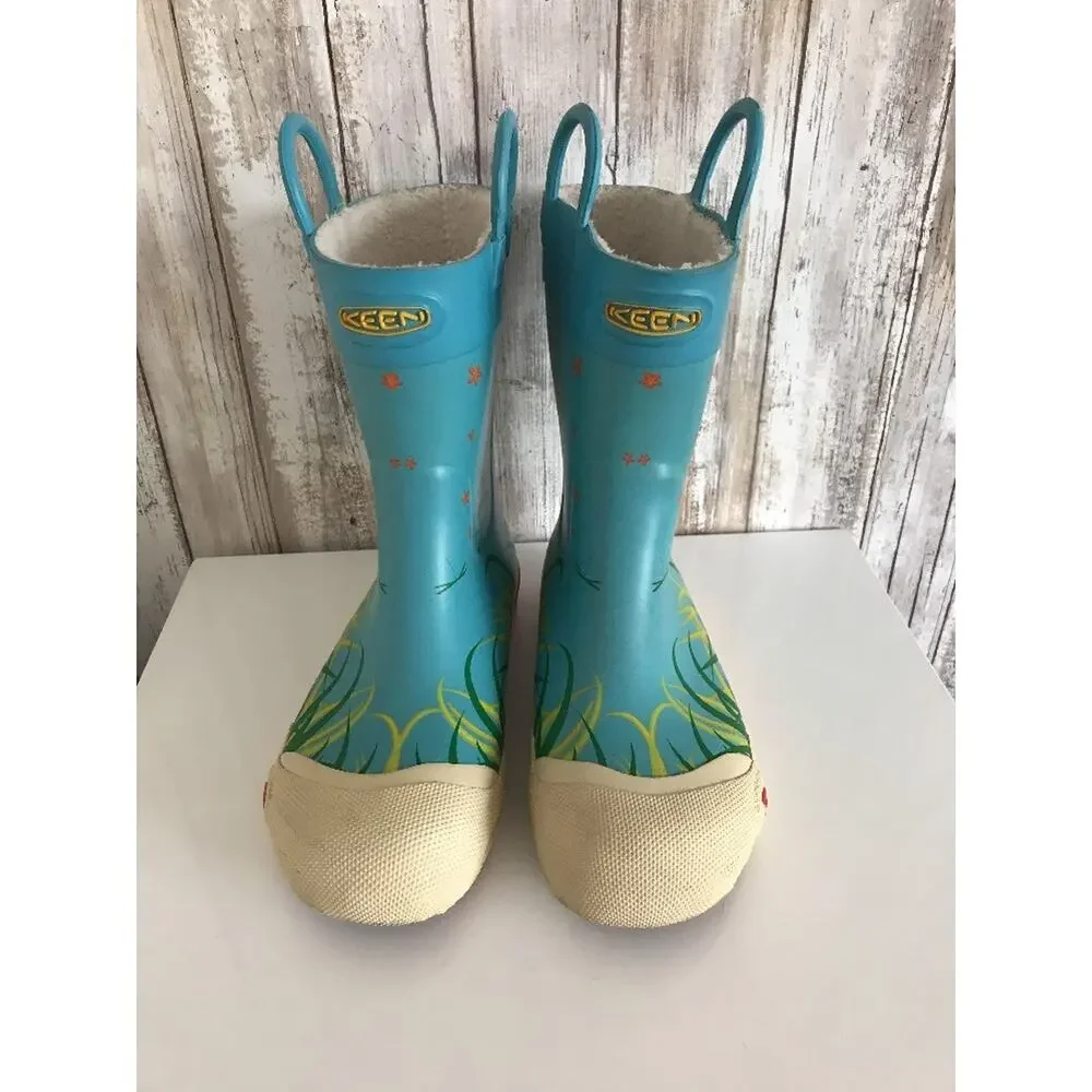 KEEN Coronado Blue Rain Boots Youth Kids 3 Rubber Mud Boots DragonFly Flower